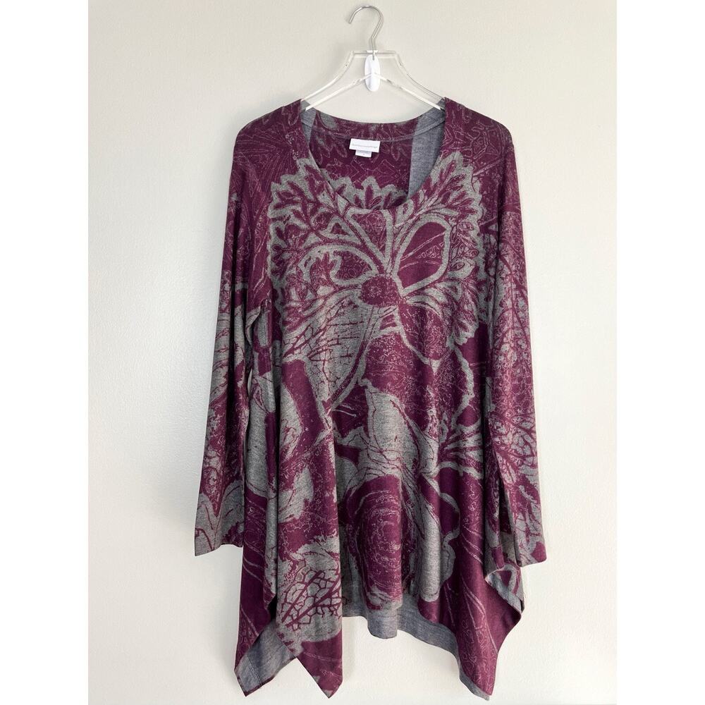 Soft Surroundings Purple Grey Floral Printed Long Sleeve Tunic Size Large